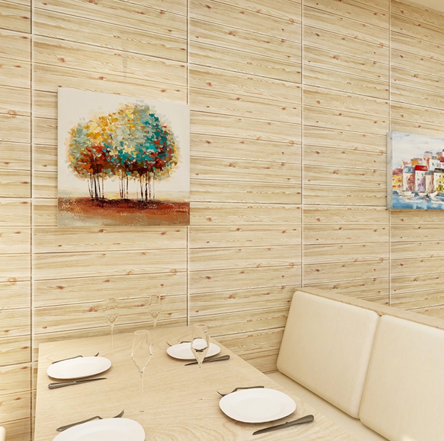 trang trí nhà hàng bằng xốp dán tường giả gỗ